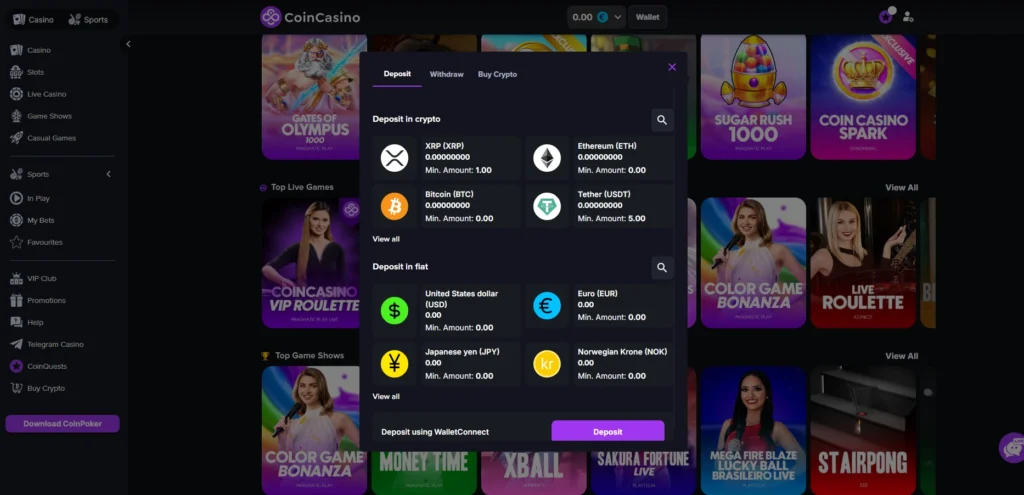 Coincasino crypto deposit options