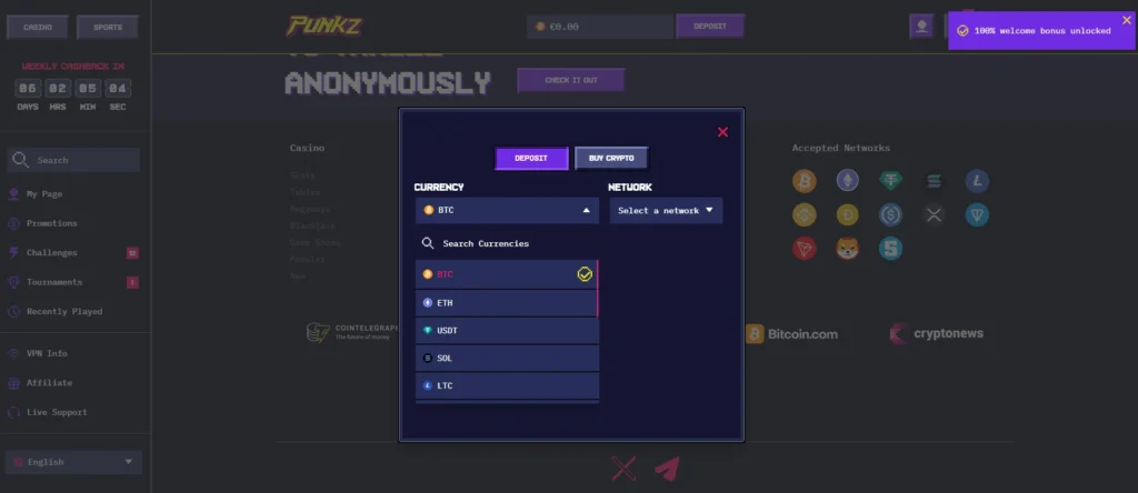 Punkz casino crypto cashier with available deposit coins